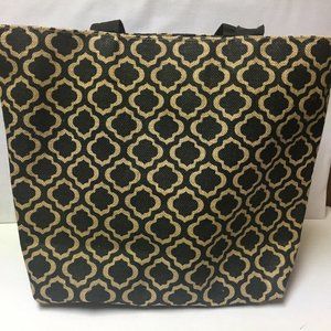 Black Gold Jute Lined Top Zip Tote Bag EUC!